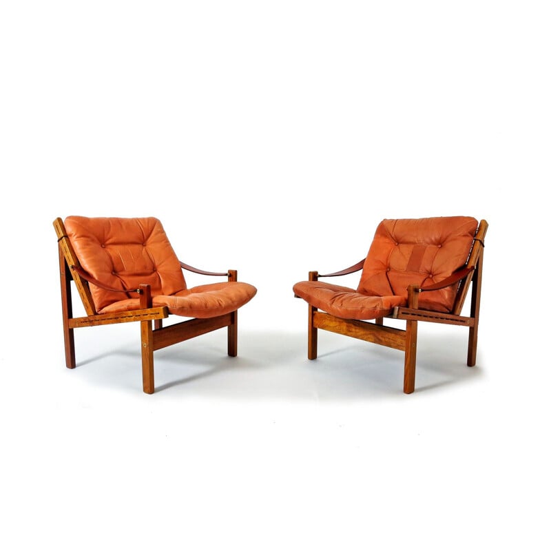 Suite de 2 fauteuils vintage Safari en palissandre et cuir aniline par Torbjorn Afdal pour Bruksbo