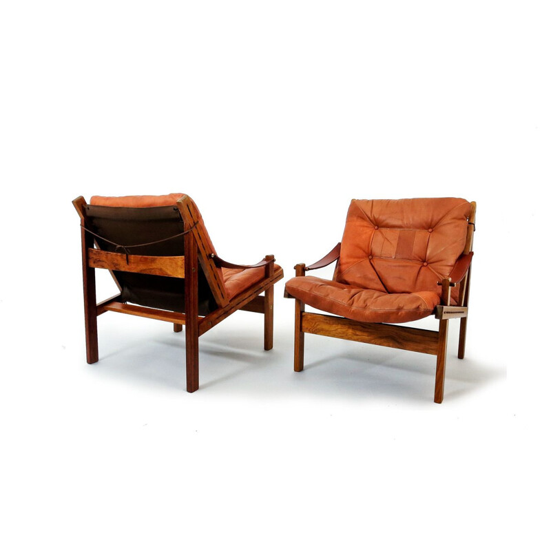 Suite de 2 fauteuils vintage Safari en palissandre et cuir aniline par Torbjorn Afdal pour Bruksbo