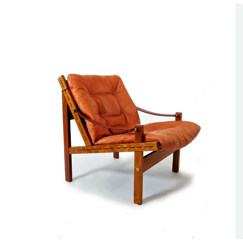 Set of 2 vintage Safari armchairs in rosewood and aniline leather by Torbjorn Afdal for Bruksbo