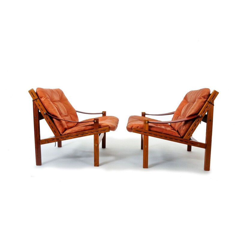 Set of 2 vintage Safari armchairs in rosewood and aniline leather by Torbjorn Afdal for Bruksbo