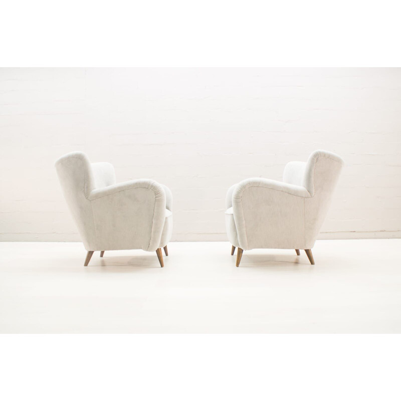 Set of 2 vintage italian armchairs in wood and fabric 1950
