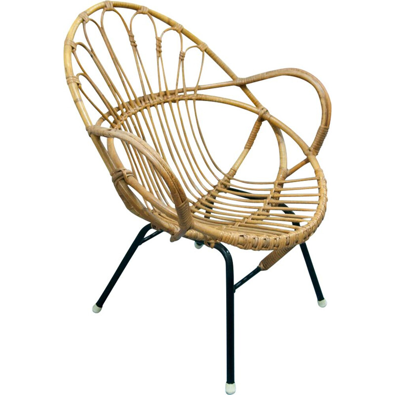 Vintage armchair shell in rattan and black metal