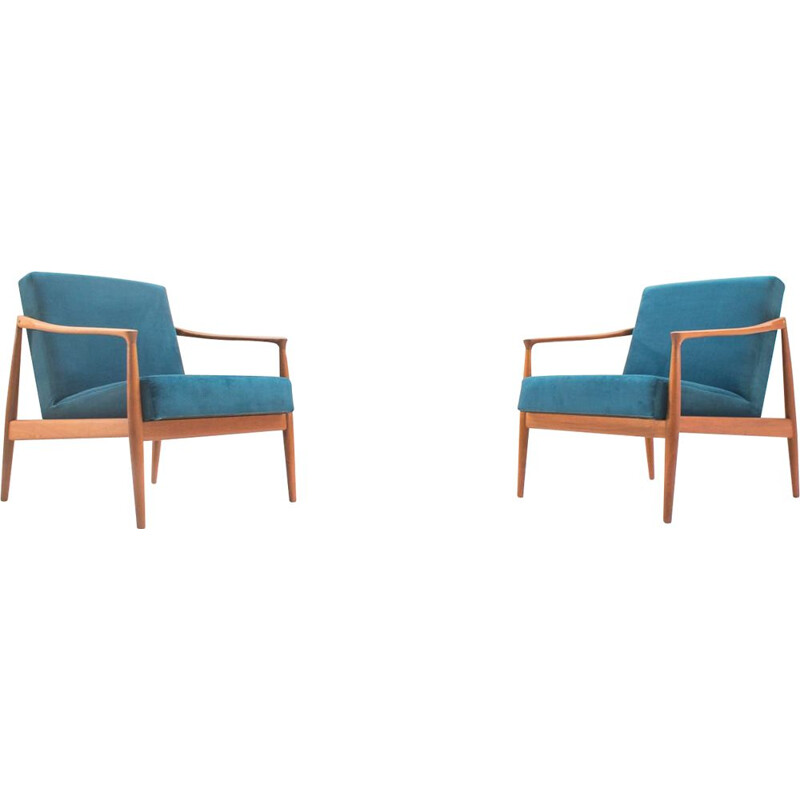 Set of 2 vintage Scandinavian blue armchairs in teak