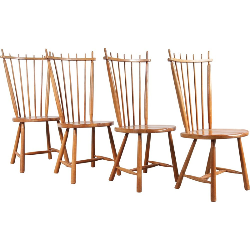 Set of 4 vintage Dutch dining chairs in birch wood