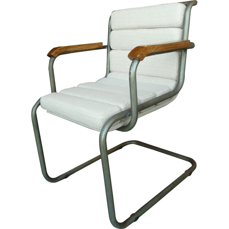 Chaise Bauhaus vintage en métal et tissu blanc
