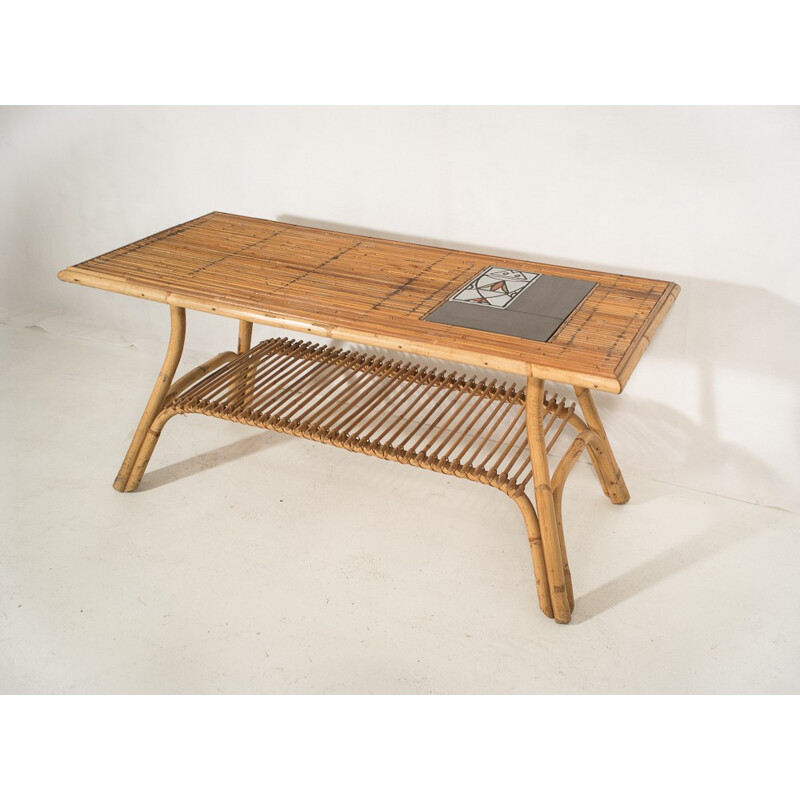Coffee table in rattan and ceramic, Roger CAPRON - 1950s
