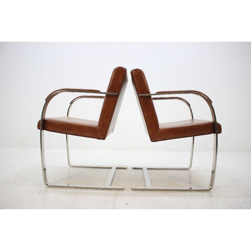 Pair of vintage brown leather armchairs by Mies Van Der Rohe