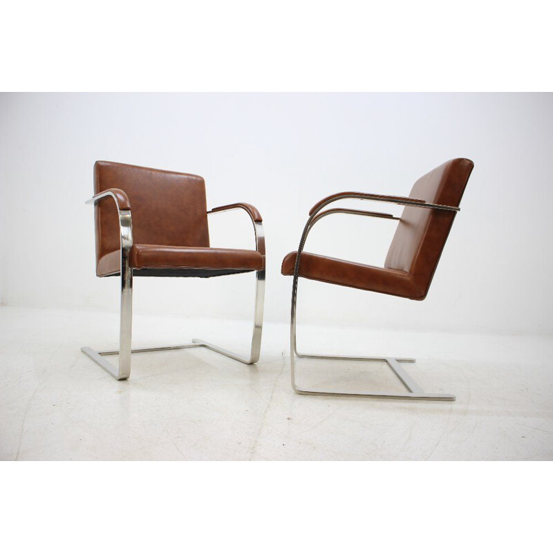 Pair of vintage brown leather armchairs by Mies Van Der Rohe