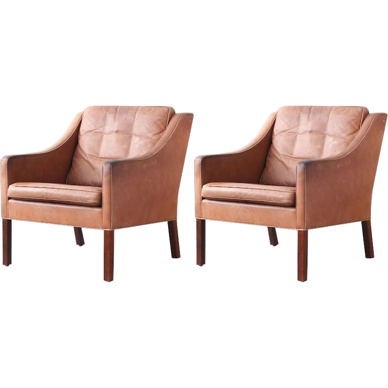 Pair of vintage armchairs 2207 Fredericia Furniture in leather and wood 1960