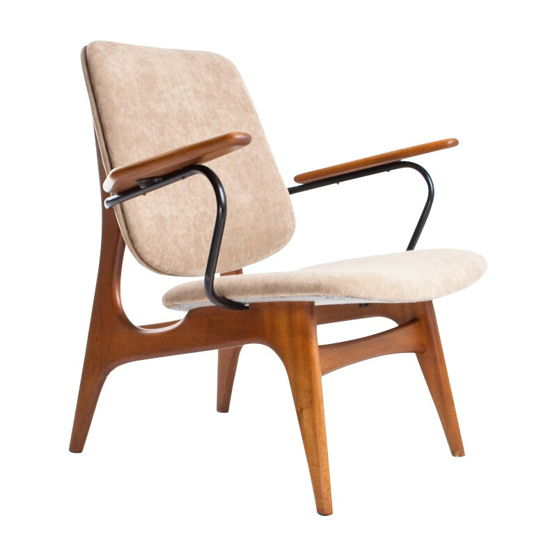 Dutch vintage easy chair in wood, fabric and metal - 1960s