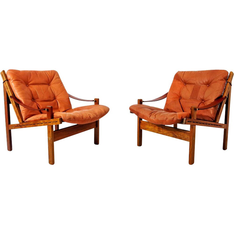 Suite de 2 fauteuils vintage Safari en palissandre et cuir aniline par Torbjorn Afdal pour Bruksbo