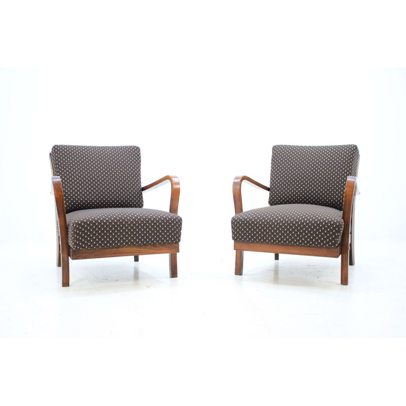 Ensemble de 2 fauteuils vintage en bois et tissu marron 1935
