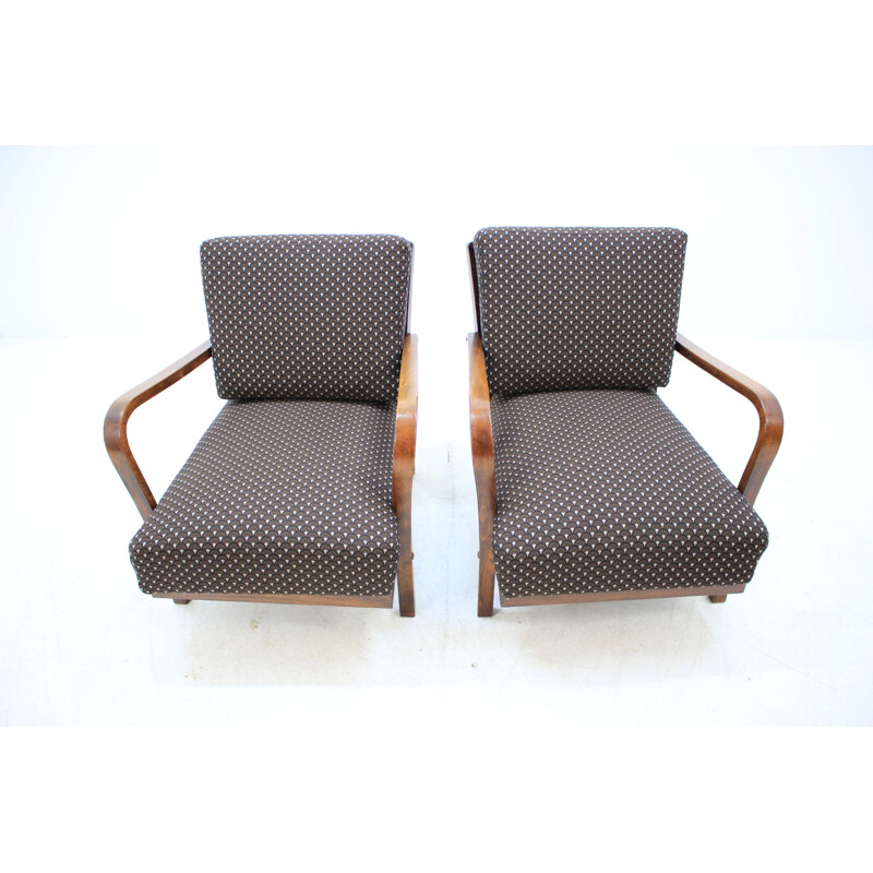Ensemble de 2 fauteuils vintage en bois et tissu marron 1935