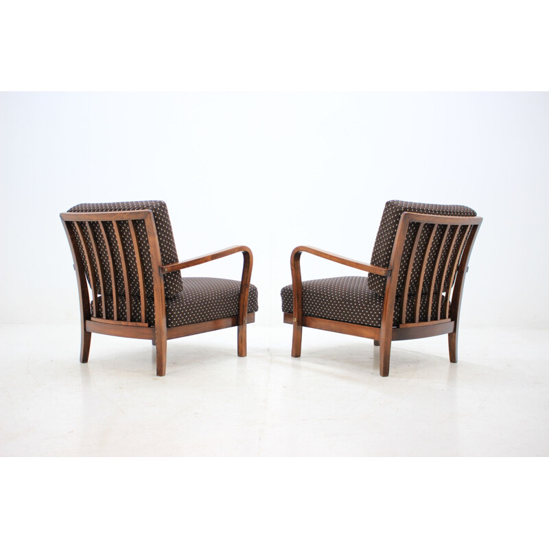 Set of 2 vintage armchairs in wood and brown fabric 1935