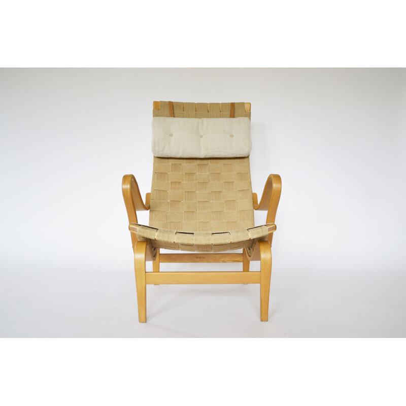 Fauteuil vintage Pernilla par Bruno Mathsson en tissu beige et bouleau 1976