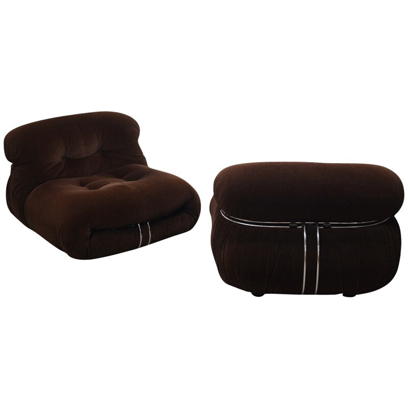 Pair of Soriana low chairs in chocolate velvet and steel, Afra & Tobia SCARPA - 1970s