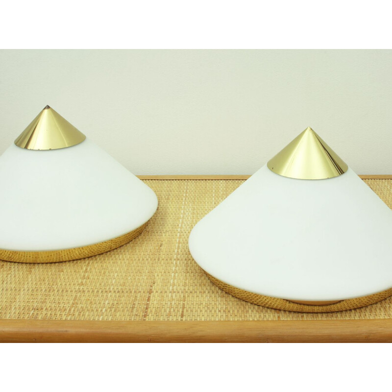 Set of 2 vintage brass and opal glass wall lamps by Glashütte Limburg