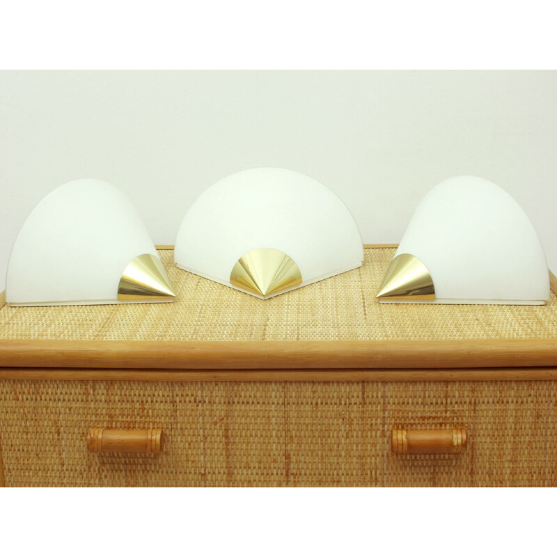 Set of 3 vintage brass and opal glass wall lamps by Glashütte Limburg 1980s