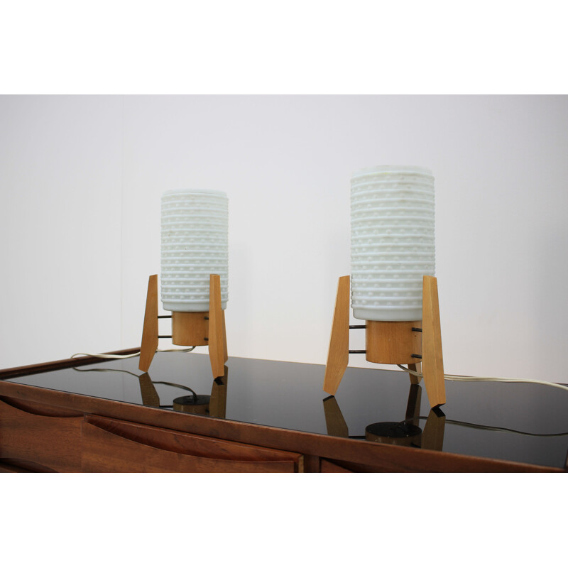Pair of vintage white lamps in wood from Czechoslovakia 1960