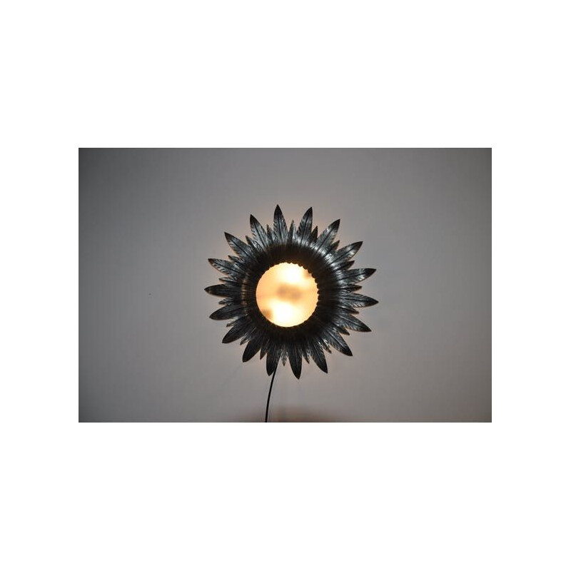 Vintage sun wall lamp in silver steel and glass 1970