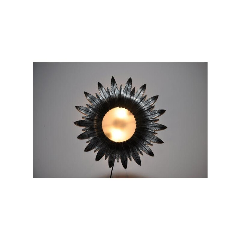 Vintage sun wall lamp in silver steel and glass 1970