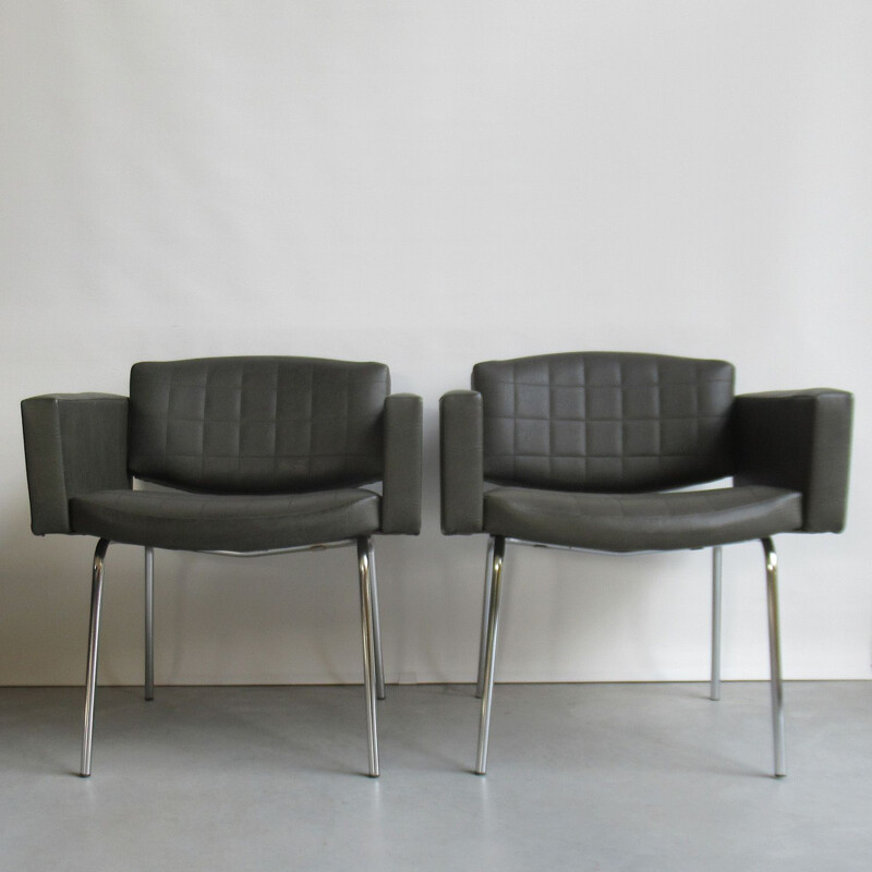 Pair of vintage armchairs model Council for Meurop in green leatherette and metal