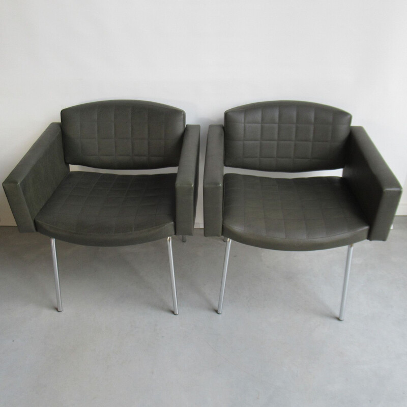 Pair of vintage armchairs model Council for Meurop in green leatherette and metal