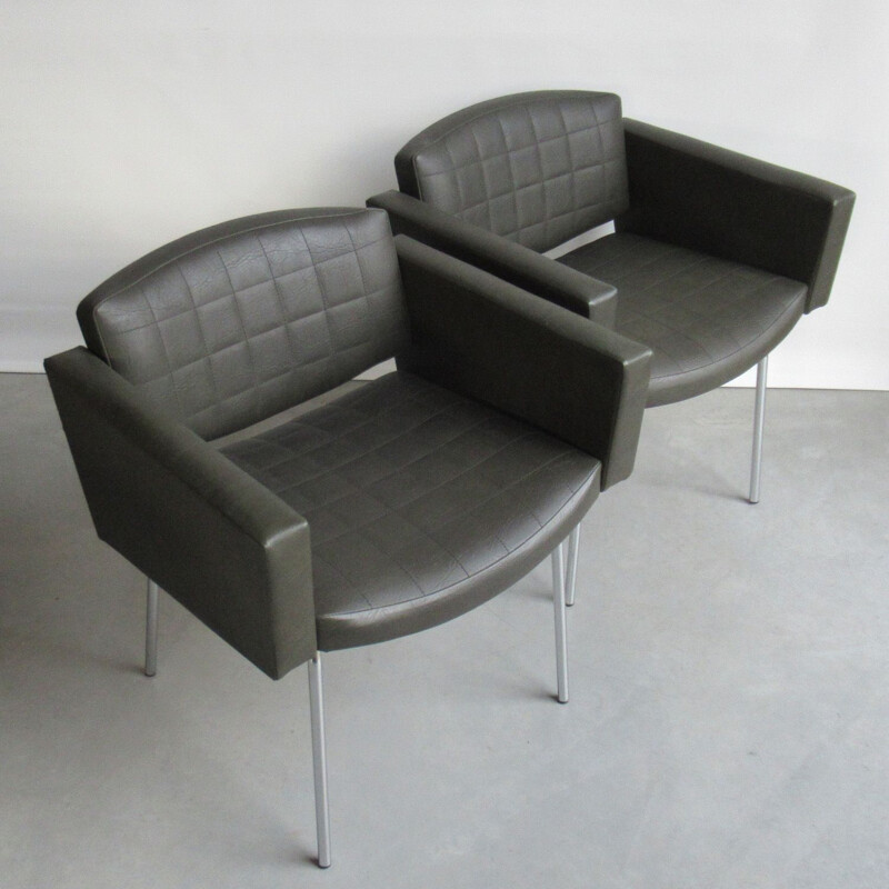 Pair of vintage armchairs model Council for Meurop in green leatherette and metal