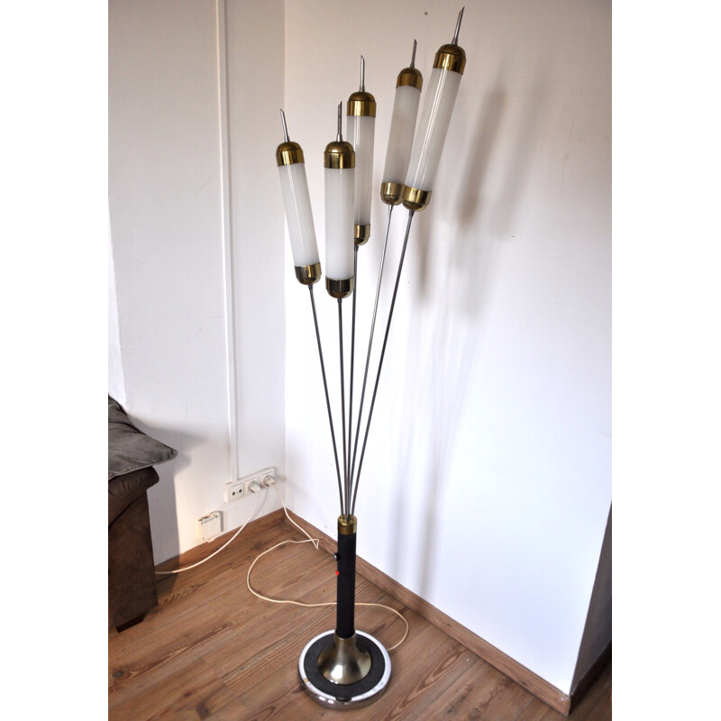 Vintage reed floor lamp in metal and glass, Italy 1970