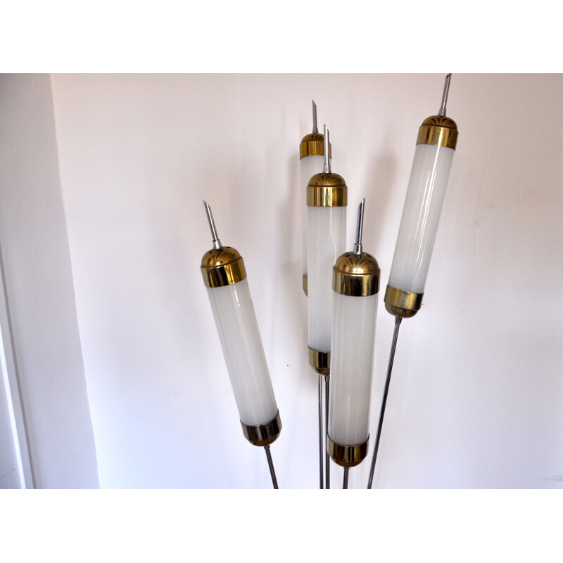 Vintage italian floorlamp reeds lamppost in metal and glass 1970