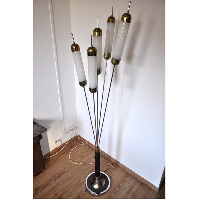 Vintage reed floor lamp in metal and glass, Italy 1970