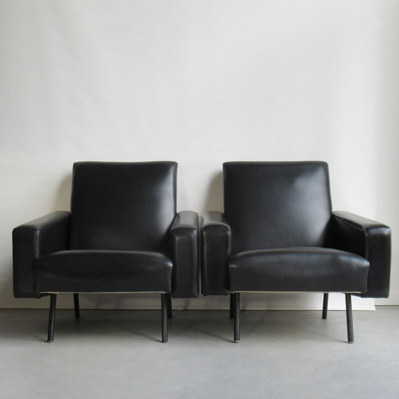 Pair of vintage model Mexico armchairs for Meurop in black leatherette