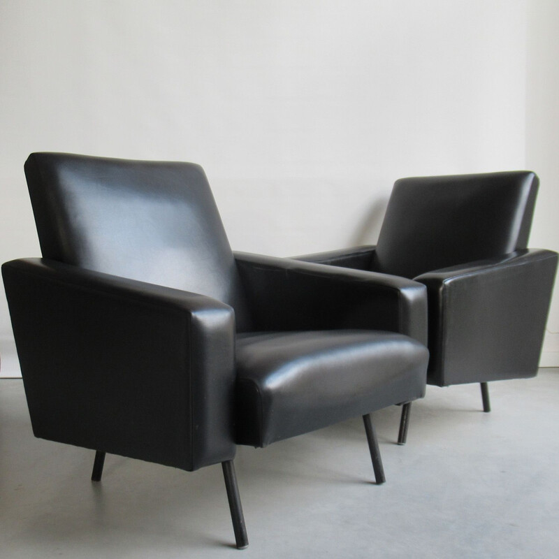 Pair of vintage model Mexico armchairs for Meurop in black leatherette