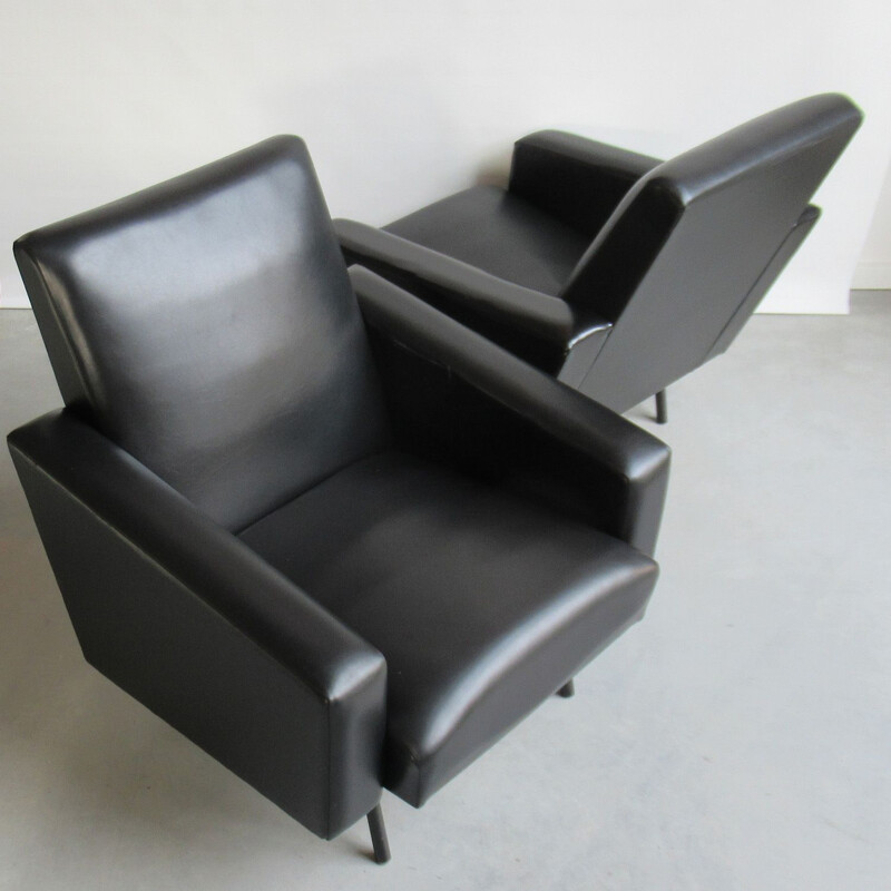 Pair of vintage model Mexico armchairs for Meurop in black leatherette