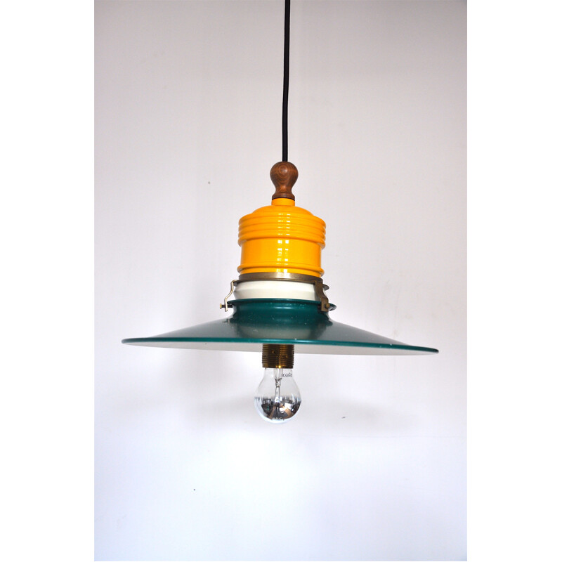 Vintage Metlarte hanging lamp in green and yellow metal 1950