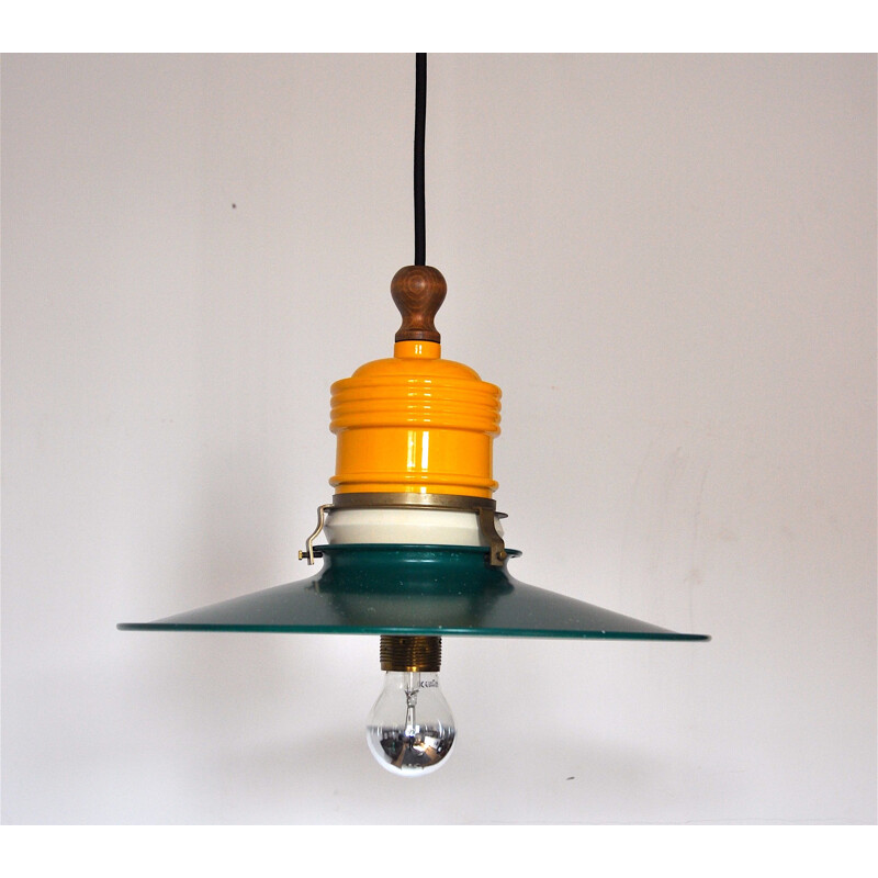 Vintage Metlarte hanging lamp in green and yellow metal 1950