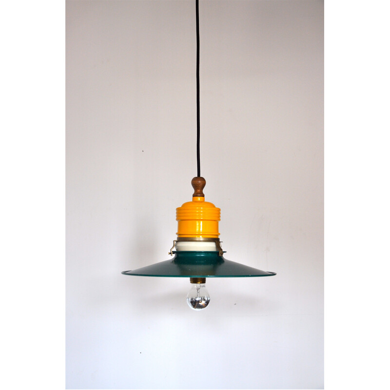 Vintage Metlarte hanging lamp in green and yellow metal 1950