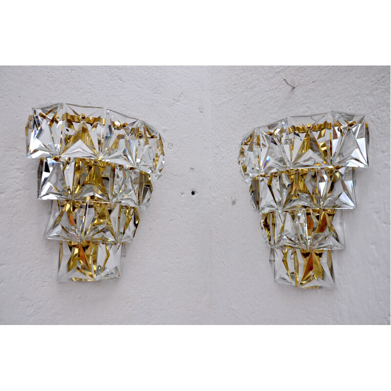 Pareja de apliques vintage de metal y cristal de Kinkeldey, Alemania 1970