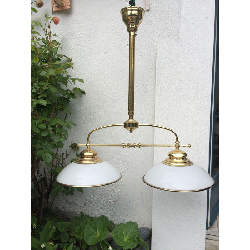 French vintage chandelier in golden metal and white opaline