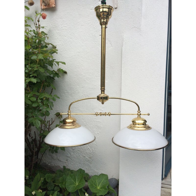 French vintage chandelier in golden metal and white opaline