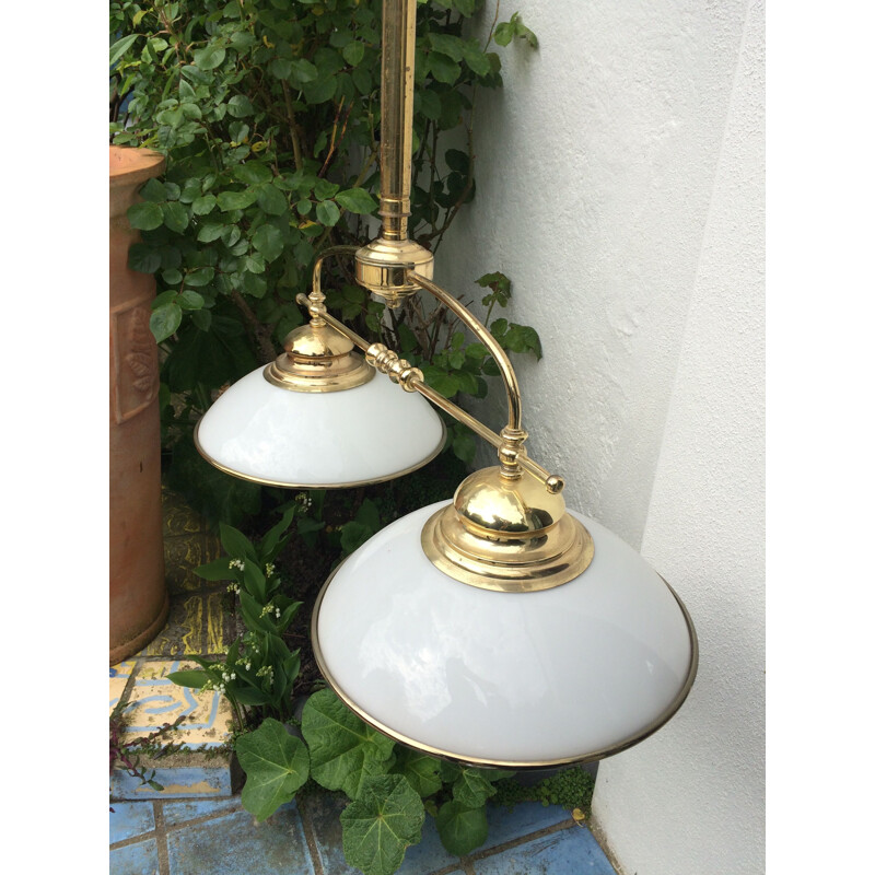 French vintage chandelier in golden metal and white opaline