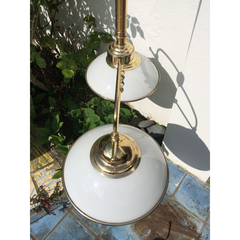 French vintage chandelier in golden metal and white opaline