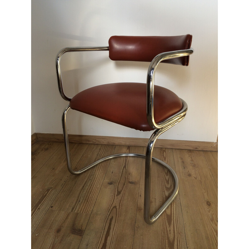 Vintage chrome tube chair in brown vinyl