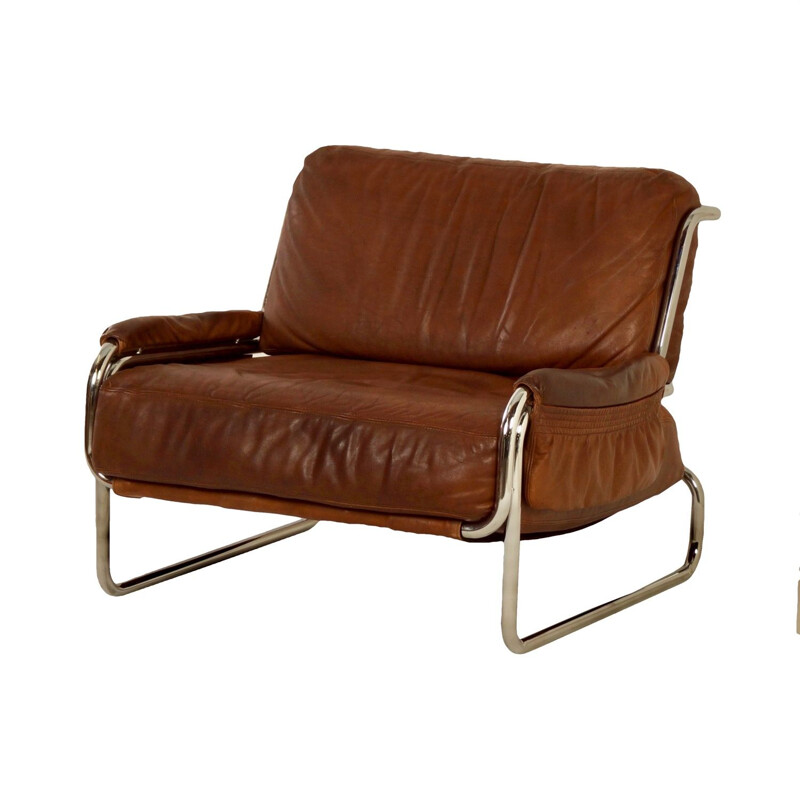 Vintage brown leather easy armchair