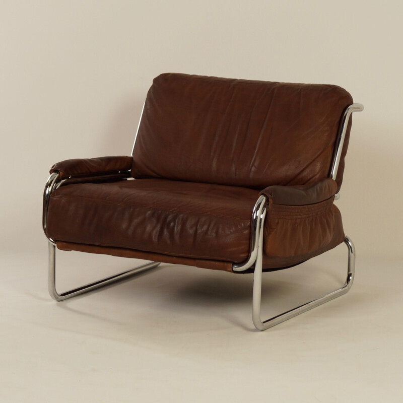 Vintage brown leather easy armchair