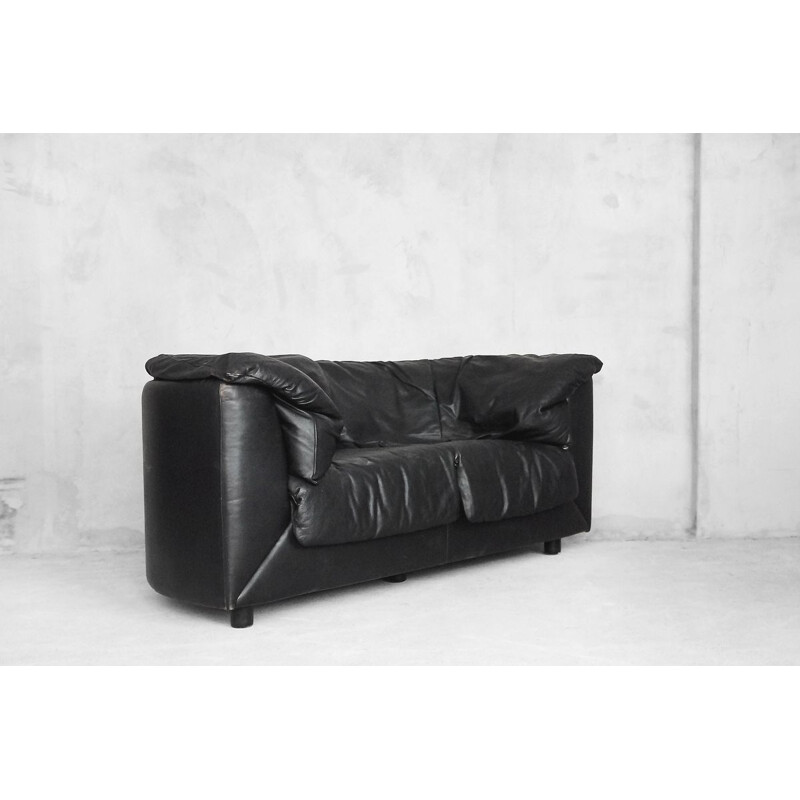 Vintage 2-seater sofa in black leather by De Sede