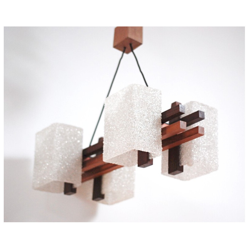 Scandinavian chandelier in teak and resin - 1970s