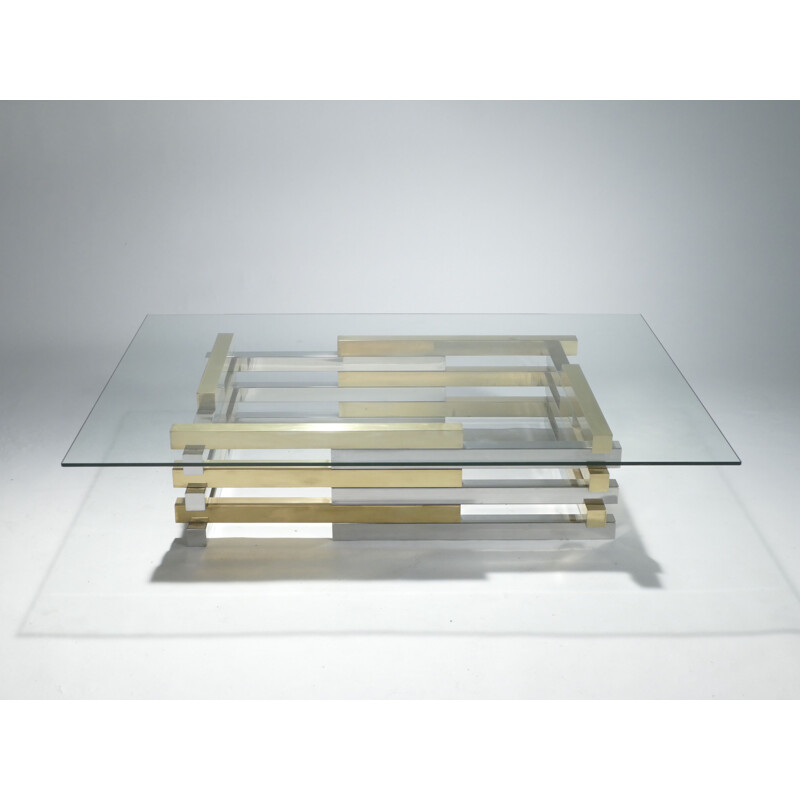 Large vintage coffee table in brass and chrome