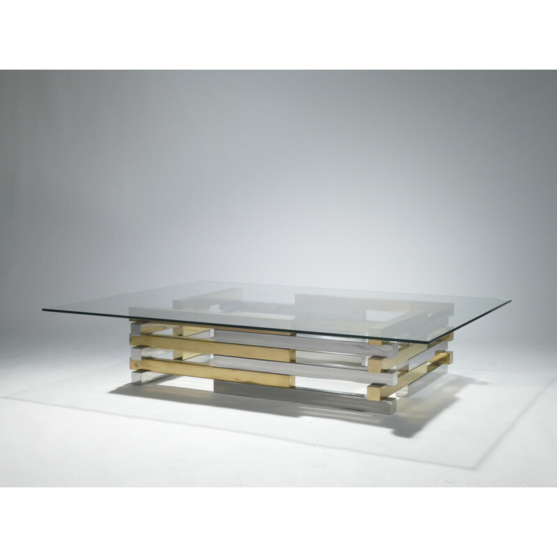 Large vintage coffee table in brass and chrome