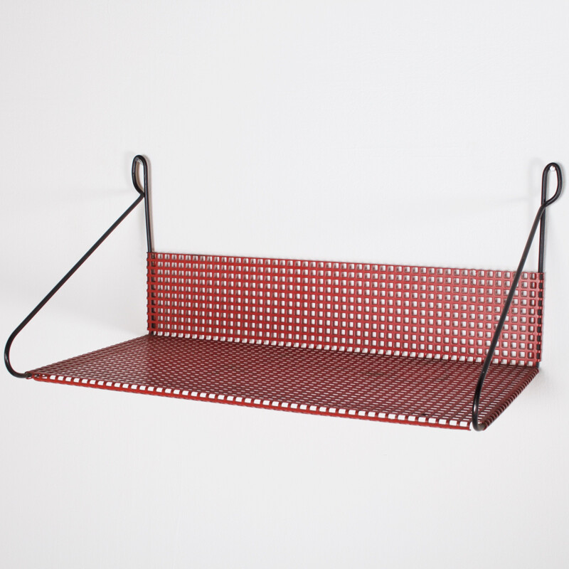 Vintage Dutch red wall shelf in perforated metal by Pilastro